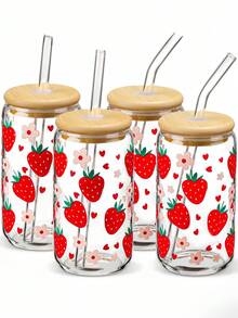 4pcs/1pc Strawberry Floral Print Glass Cup With Lid & Straw, 16oz Jar Shaped Water Tumbler, Iced Coffee Cup, Suitable For Tea, Juice, Milk, Birthday Gift, Drinkware, Reusable - Multicolor - View 12