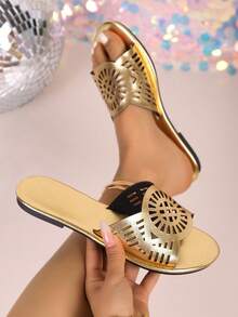Golden Hollow European Style Summer Fashion Casual Comfortable Slippers Sandals. - Gold - View 4