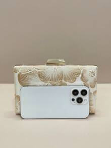 Bolsa de mão floral com relevo de damasco para noite - Bolsa de festa elegante e suave da moda, 2025 Nova bolsa de mão feminina com flores bordadas preferidas para ocasiões formais - Damasco - Ver 7