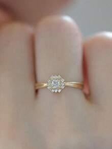 GAGAFEEL 1 Piece Of Delicate S925 Sterling Silver With Sparkling Square Cubic Zirconia Ring, Women's Birthday Party Gift - Gold - View 1