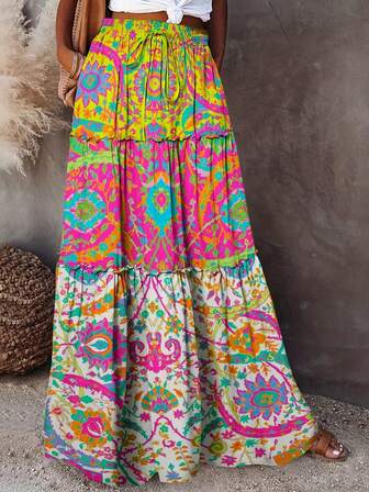 女式活力几何印花长裙 - 高腰、飘逸设计、荷叶边下摆、轻质涤纶，适合春夏季节，可机洗