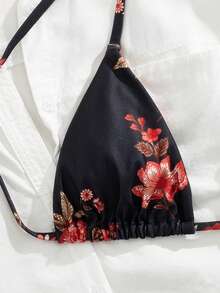 Random Floral Print Sexy Bikini Swimwear, 2 Pieces Swimwear For Beach & Holiday, Summer - Black - View 3