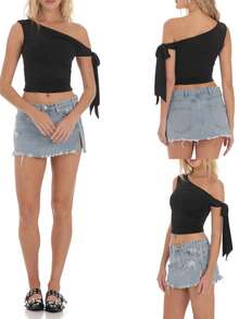 Tops sin mangas de mujer estilo Y2K con hombros descubiertos, unicolor, fruncidos, cropped, de ajuste ceñido, camisas de verano - Negro - Ver 2