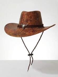 1顶男女通用西部牛仔帽，PU皮革材质，做旧处理，金属装饰，适合牛仔主题活动、节日、派对、角色扮演、户外活动、日常佩戴。 - 彩色 - 查看 4