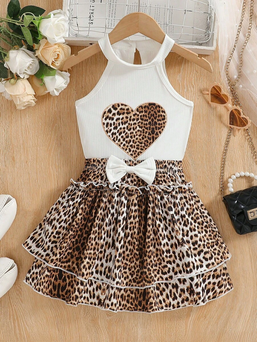 Girls' Summer Leopard Print Camisole & A-Line Skirt Set - White - View 1