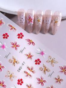 花瓣芙蓉 5D 浮雕指甲贴纸 2 件百合花海图案美甲贴花自粘 DIY 饰品贴纸指甲装饰夏季海滩度假美甲配件 - 彩色 - 查看 7