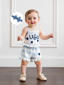 Baby Girl Fourth Of July Outfits Sleeveless Ruffle Tank Tops + Shorts Set Toddler Clothes - Blue - View 7
