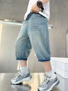 1pc Boys' Summer Denim Shorts, Blue Printed - Blue - View 5