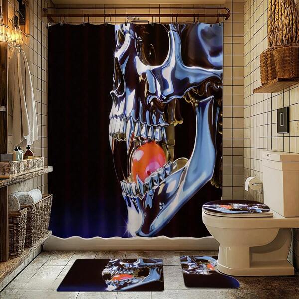 1/4pcs Metal Skull Cyberpunk Theme Bathroom Set - Shower Curtain, Bath Mat, U-Shaped Toilet Mat, Toilet Lid Cover, Waterproof Bathroom Accessories, Modern Style Bathroom Partition Curtain, Hanging Hooks No Drilling Required, Machine Washable Polyester Material Back To School