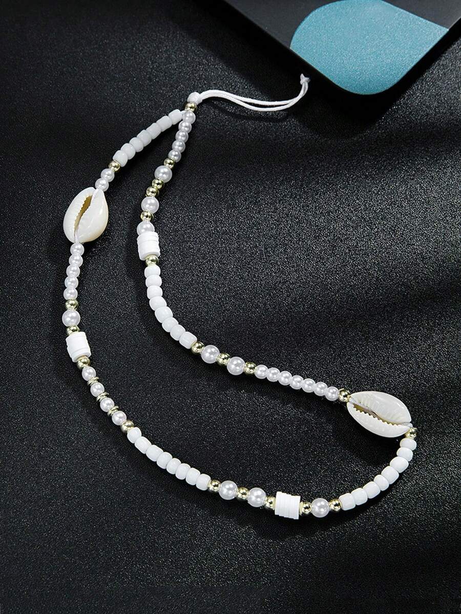 1pc Delicate Woven Shell Boho Style Phone Lanyard, Beaded Phone Strap, Shell Phone Chain, Applicable To Phone Cases, Backpacks, CCD Cameras - Multicolor - View 1