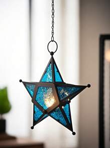 1 Piece Metal Star Tealight Candle Holder, Chinese Flowering Crabapple Design Multi Color Glass Home Decor Hanging Lantern, Suitable As A Home Decoration Hung By The Windows In The Corridor, Garden Decor, Living Room Decor, Christmas Decorations, Christmas Ornaments,Christmas Hanging Star Candle Holder For Holiday Decor