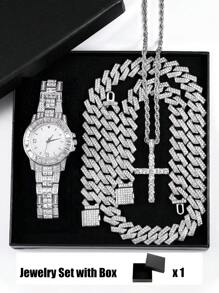 Set de joyería de 5 piezas que incluye reloj de estilo hip hop, collar con colgante de cruz, pulsera - Cadena cubana de Miami con efecto de cristales para hombres y mujeres