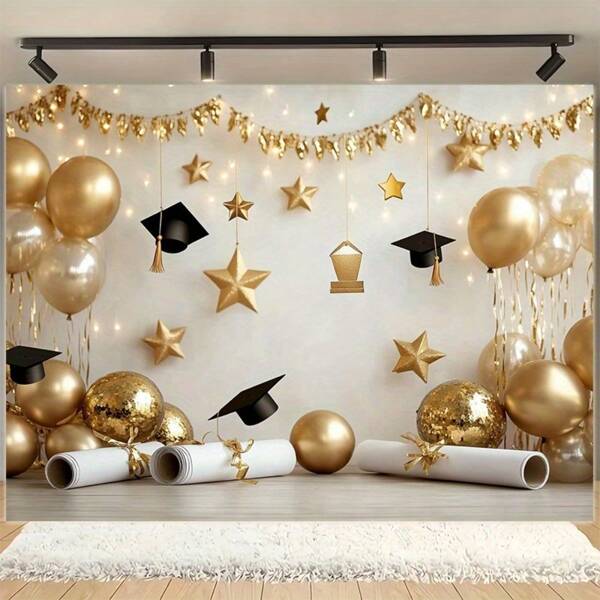 لافتة خلفية حفل التخرج 1 - خلفية تصوير من قماش البوليستر الأسود والذهبي مع بالونات ونجوم وقبعة التخرج، مناسبة للاحتفالات الداخلية والخارجية والأعياد والمناسبات، ديكور ذو طابع فاخر | قماش بوليستر ، ديكور حفل التخرج