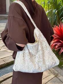 Landhausstil Spitzen Eimer Tasche, Große Kapazität Umhängetasche, Tragetasche für Outdoor & Einkaufen, Sommer