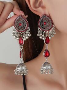 2pcs Bohemian Retro Rhinestone Tassel Earrings, Fashionable Metal Bell Pendant Earrings For Women