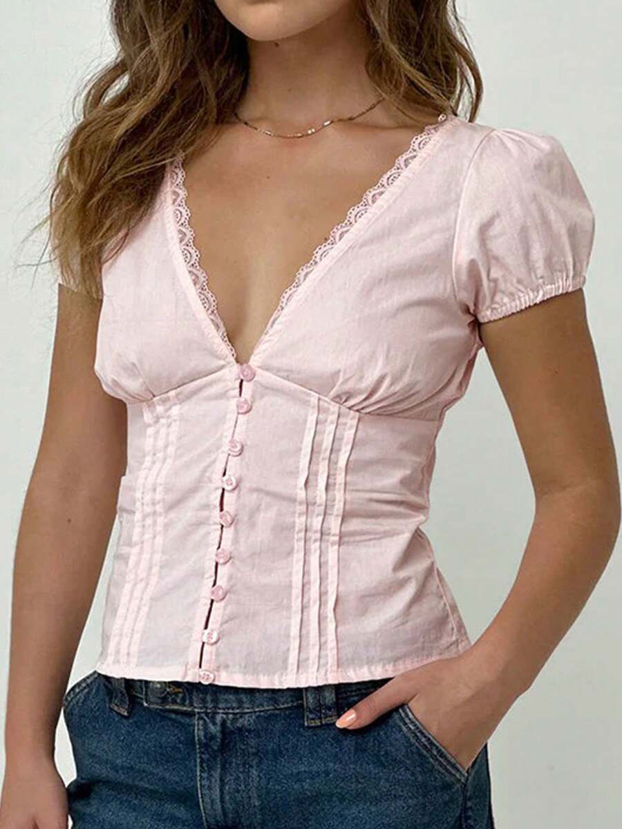 Women's Sexy Deep V Neck Button Down Shirts Blouse Slim Fit Lace Turn Tops Summer Office Shirt - Pink - View 1