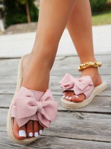 Sandales plates avec bride et décoration nœud, coloris unicolore, bout rond. Convient pour le trajet domicile-travail. Pantoufles d'intérieur casual en tissu noir, légères et confortables, pour l'été - Rose bonbon - Voir 6
