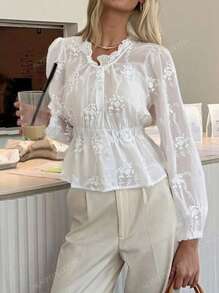 Completo di colore unito, elegante, da donna, per primavera ed estate, con maniche a palloncino, volant all'orlo, chiusura frontale con bottoni, camicetta elegante a maniche lunghe, adatta per uso quotidiano, strada, pendolarismo, casa, ufficio, appuntamenti, camicia/top da donna