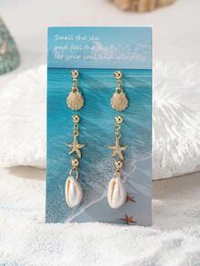 Set de 3 pares de aretes de playa para mujer, aretes con diseño de vida marina como cangrejo, concha y estrella de mar, accesorios de joyería de estilo vacacional - Ver 4