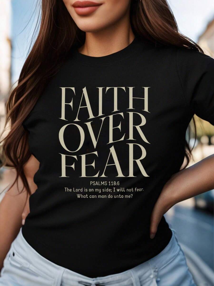 Oversized Style For Women, Faith Over Fear Christian T-Shirt, Christian Gift, Faith T-Shirt Tee, Oversize Type Shirt For Women, Perfect For Holiday Parties Or Gift Giving, Soft And Comfortable - màu đen - Xem 1
