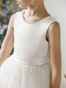 Vestido largo sin mangas con escote trasero, lazo, perlas y malla para niñas, apropiado para fiestas de cumpleaños, actuaciones y bodas