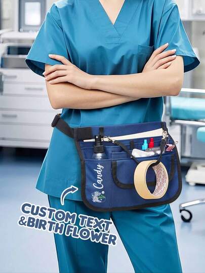 1 pieza Riñonera personalizada - Riñonera con nombre/texto personalizado y flor de nacimiento para enfermeras, personal médico - Bolsa de cintura de nailon Oxford (26.5x20.5cm) - Gris y negro, regalo unisex para el sector sanitario