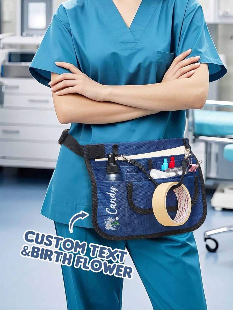1 Stück personalisierter Hüfttasche - individueller Name/Text & Geburtsblume Bauchtasche für Krankenschwestern, medizinisches Personal - Oxford Nylon Hüfttasche (26,5x20,5cm) - Grau & Schwarz, unisex Geschenk für Gesundheitswesen