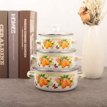 3 件套大容量经典柠檬花圆点珐琅锅汤锅煮锅炖锅适用于餐厅和家庭厨房，兼容燃气灶、电磁炉和明火 - 彩色 - 查看 12