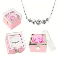 Pink High-End White Moonlight Rotatable Eternal Rose Gift Box, Paired With Four Exquisite White Pendant Necklaces, Suitable For Various Holidays, Anniversaries, Graduation Season, Birthdays, Valentine's Day, And Mother's Day As Gifts For Girlfriends, Mothers, Oneself, And Classmates