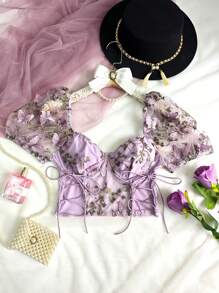 1pc Cute Butterfly Ditsy Floral Puff Sleeve Drawstring Tie Crop Top Corselet For Women