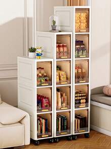 1pc 20cm/7.8" Wide Slim Slide Out Storage Cabinet, 3-5 Tiers Flip Top Storage Cart, Thick Plastic With Casters, Toy & Snack Organizer Rack For Living Room, Clothes Storage Cabinet, Dust-Proof Shelf