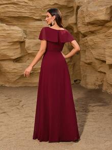 V-Neck Classic And Elegant Chiffon Cape Bridesmaid Dress ,For Birthday,Wedding Guest Dress Women,Prom Gown, Graduation, Dinner Party Dress,Graduation Dress - Wine Red - View 2