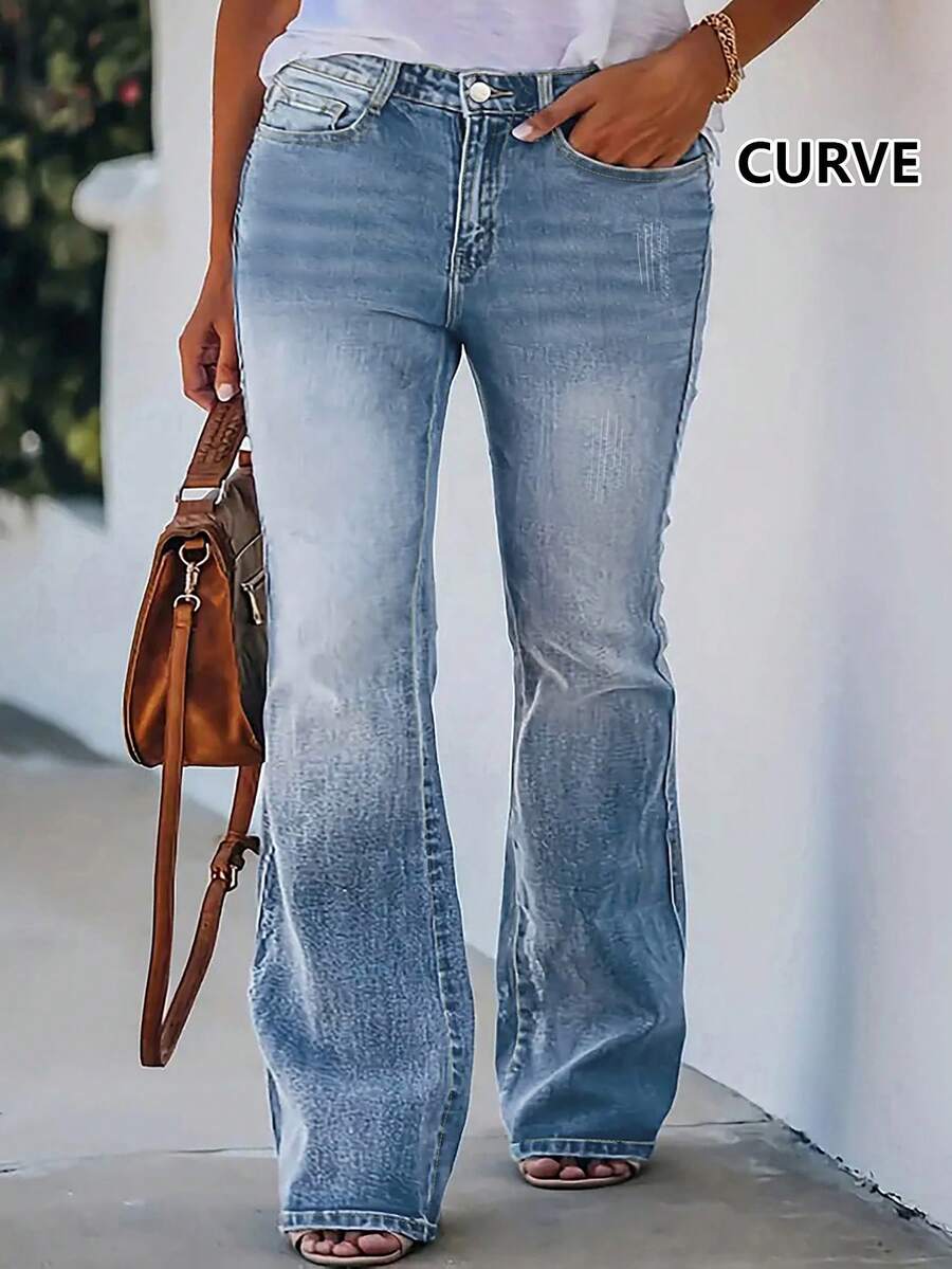 All-Season Simple And Stylish Plus-Size Women's Stretch Slim-Fit Flared Pocket Jeans - 中等水洗藍 - 查看 1