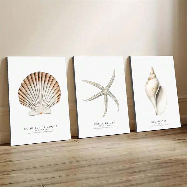 3 Pieces Cartoon Themed Decorative Art Classic Modern Style Wrapped Canvas Canvas Wall Art, Ink Painting, Shell Starfish Sea Life Poster For Bedroom, Living Room, Home Office, Bathroom, Dining Room, Indoor Outdoor, Spring, Summer, Gift, Dorm Room Decor - Canvas Material (Optional Frames) Coastal Decor Coastal Decor Beach Decor