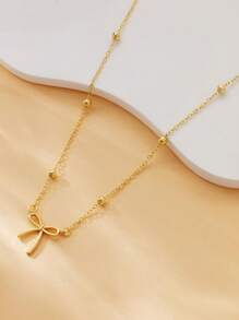 1 Pc Stainless Steel Jewelry Gold Bow Bowknot Pendant Bead Chain Set Simple Cute Fashion Girl Versatile High-End Necklace Stylish Minimalist Bow Pendant Necklace