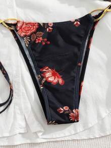 Random Floral Print Sexy Bikini Swimwear, 2 Pieces Swimwear For Beach & Holiday, Summer - Black - View 4