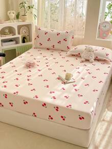 Juego de ropa de cama de 3 piezas, blanco con estampado de cereza, juego de ropa de cama suave y cómodo que incluye 1 sábana ajustable y 2 fundas de almohada, sin relleno, adecuado para dormitorio, dormitorios y uso doméstico, disponible en varios tamaños