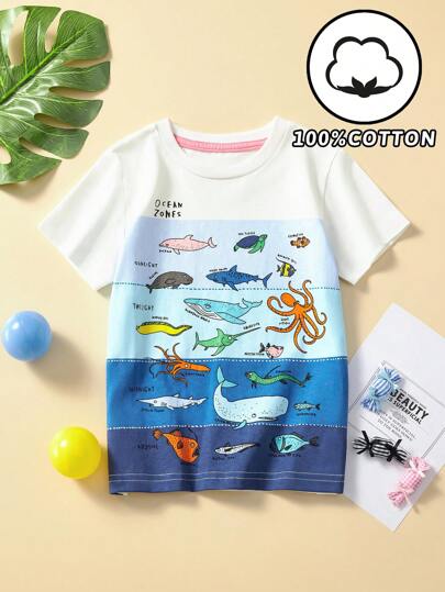 1 pieza Camiseta de manga corta casual para niño, con diseño de estampado de vida marina de dibujos animados, conjunto de moda de verano