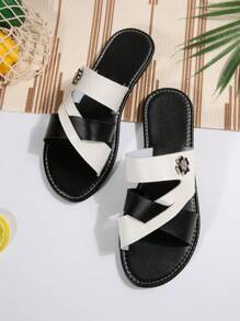Women Summer Outdoor Fashion Color Blocking Floral Flat Slide Sandals, Comfortable Round Toe Low Heel Indoor/Beach Slippers