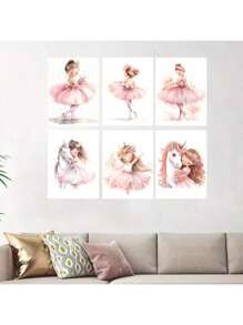 1/6PCS Optional Frame Posters Wall Arts Modern Pink Ballerina Girl Unicorn Butterfly Poster Kids Room Decorative Posters Wall Bedroom Decor ,Wall Art With Frame