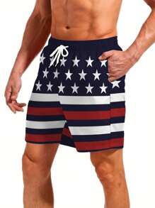 Quick-Drying Flag Print Men Shorts - Lightweight & Breathable Active Beach Wear With Drawstring - Perfect Hawaiian Style For Summer Resort Vacations,Hawaiian