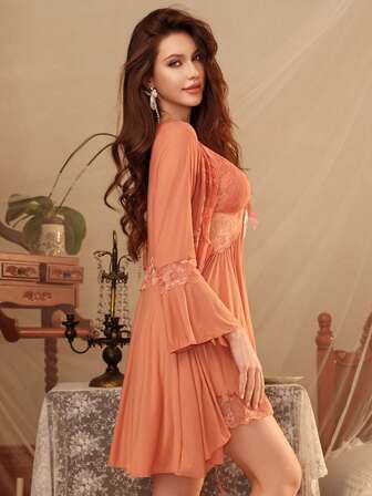 2pcs Women's Sleeveless Lace Patchwork Loose Elastic Translucent Nightgown With Padded Bra And Long Sleeve Belted Robe, Suitable For Casual And Homewear, Fall Winter Clothes