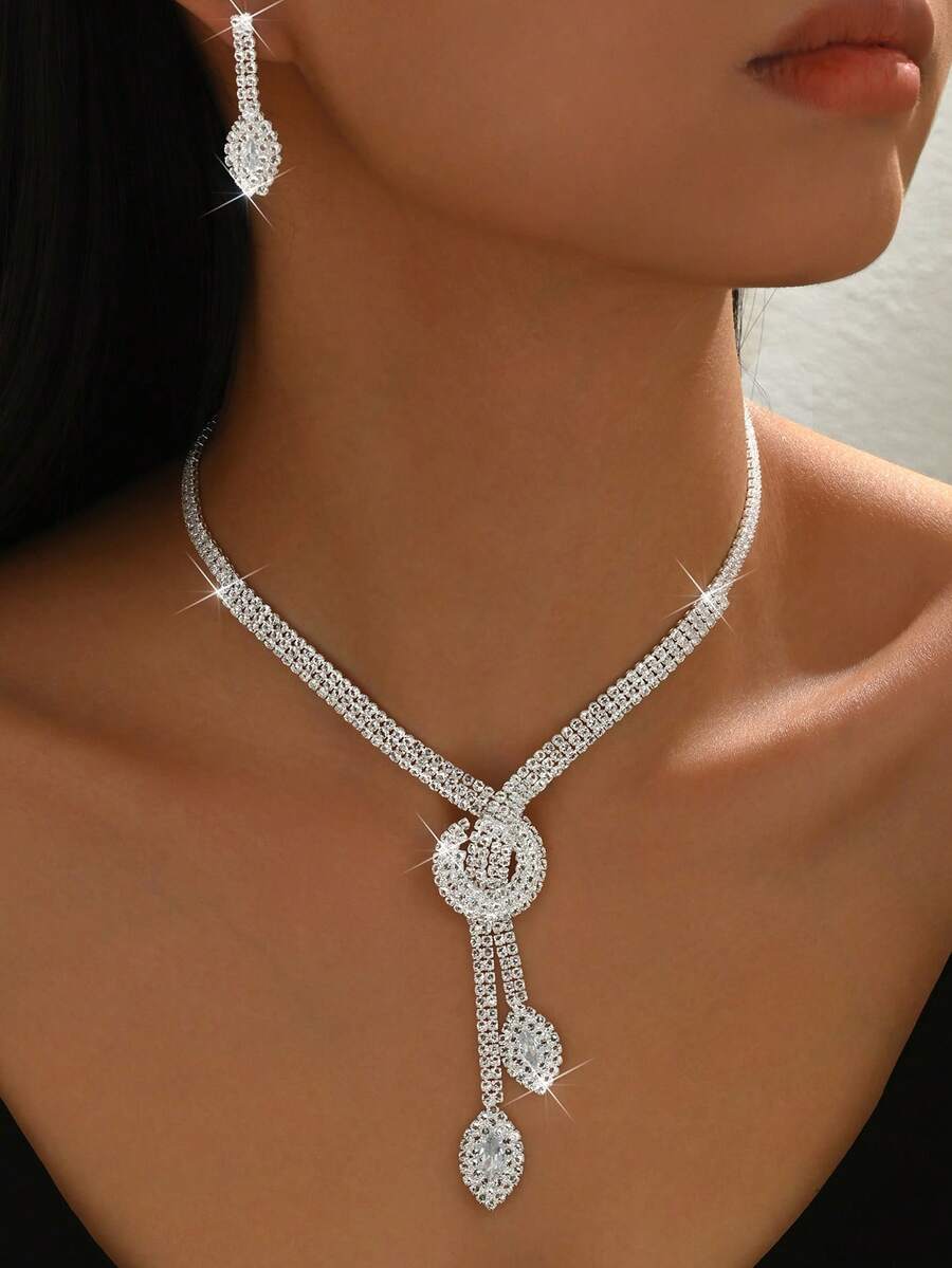 1pc Necklace + 1 Pair Earrings Women Jewelry Set, Suitable For Daily Wear, Dating, Geometric Pattern Party, Bridal Wedding Valentine's Day Accessories