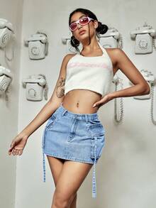 Y2K Street Vintage Washed Flap Pocket With Tape Cargo Denim Bodycon Mini Skirt - 藍白色 - 查看 4
