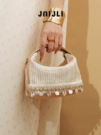 JNIJLI 1 件波西米亚风格贝壳边饰草编手提包、手提包、编织包、可拆卸肩带、斜挎包，适合日常通勤、时尚商务休闲、旅行、海滩婚礼、野餐、度假