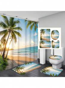1pc/4pcs Tropical Seaside Beach Coconut Tree Printed Multifunctional Bathroom Decor Set, Includes Shower Curtain 12 Hooks, Anti-Slip Mat, U-Shaped Mat & Round Toilet Cover, For Whole Bathroom Back To School