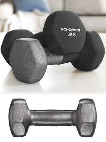 SONGMICS Juego de mancuernas hexagonales con soporte - 2 x 1 kg, 2 x 2 kg, 2 x 3 kg, Neopreno con acabado mate, Pesas para gimnasio en casa, Lima, Azul Verdoso y Gris Claro MSYL612GN - Multicolor - Ver 1