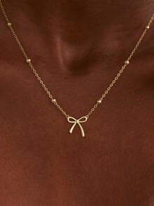 1 Pc Stainless Steel Jewelry Gold Bow Bowknot Pendant Bead Chain Set Simple Cute Fashion Girl Versatile High-End Necklace Stylish Minimalist Bow Pendant Necklace