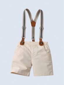 2pcs Set Baby Boy Gentleman Style Short Sleeve Collar Shirt With Bowtie & Khaki Suspender Shorts, Suitable For Birthday Parties, Weddings, Performances And Banquets