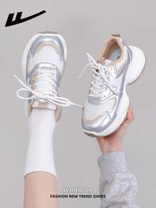 1 Pair WARRIOR Women's Casual Outdoor Sport Shoes, Lace-Up Design, Thick Sole, Low-Top Flat Outdoor Sneakers For Spring And Summer, Comfortable And Stylish, Classic Design Women's Shoes - Silver/white/light Card - View 7